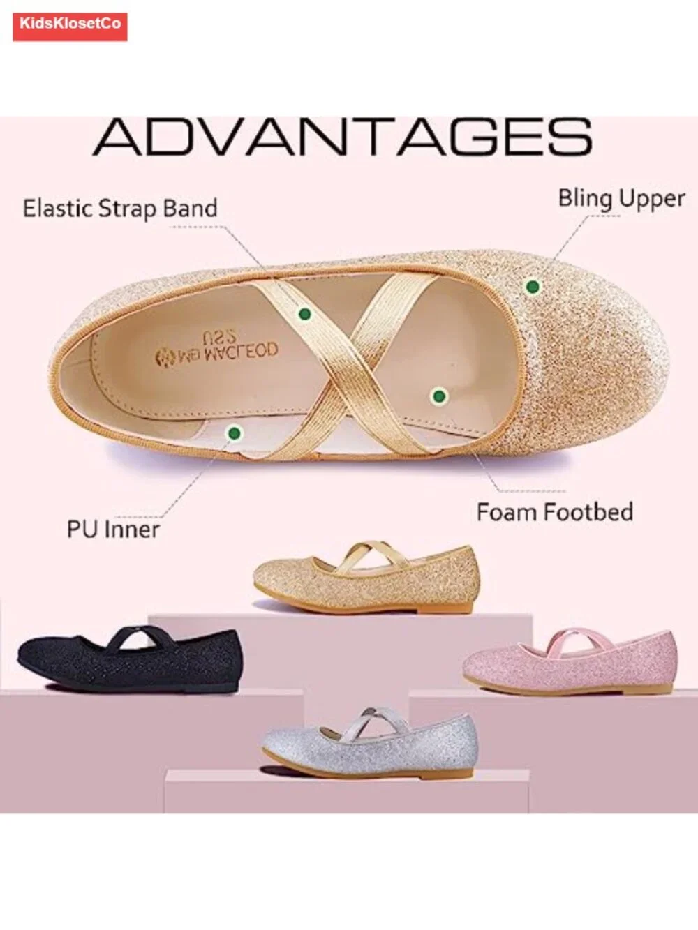 Girls Ballet Flats Mary Jane Dress Shoes with Elastic Cross Strap